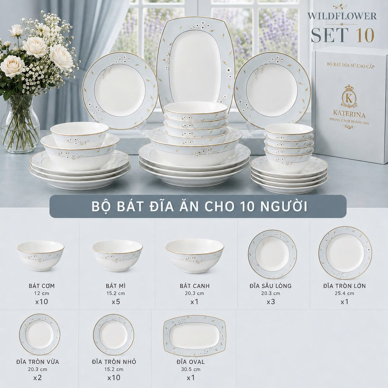 Bộ bát đĩa ăn Катерина Wildflower cho 10 người | Sứ xương cao cấp | WILDFLOWER COLLECTION