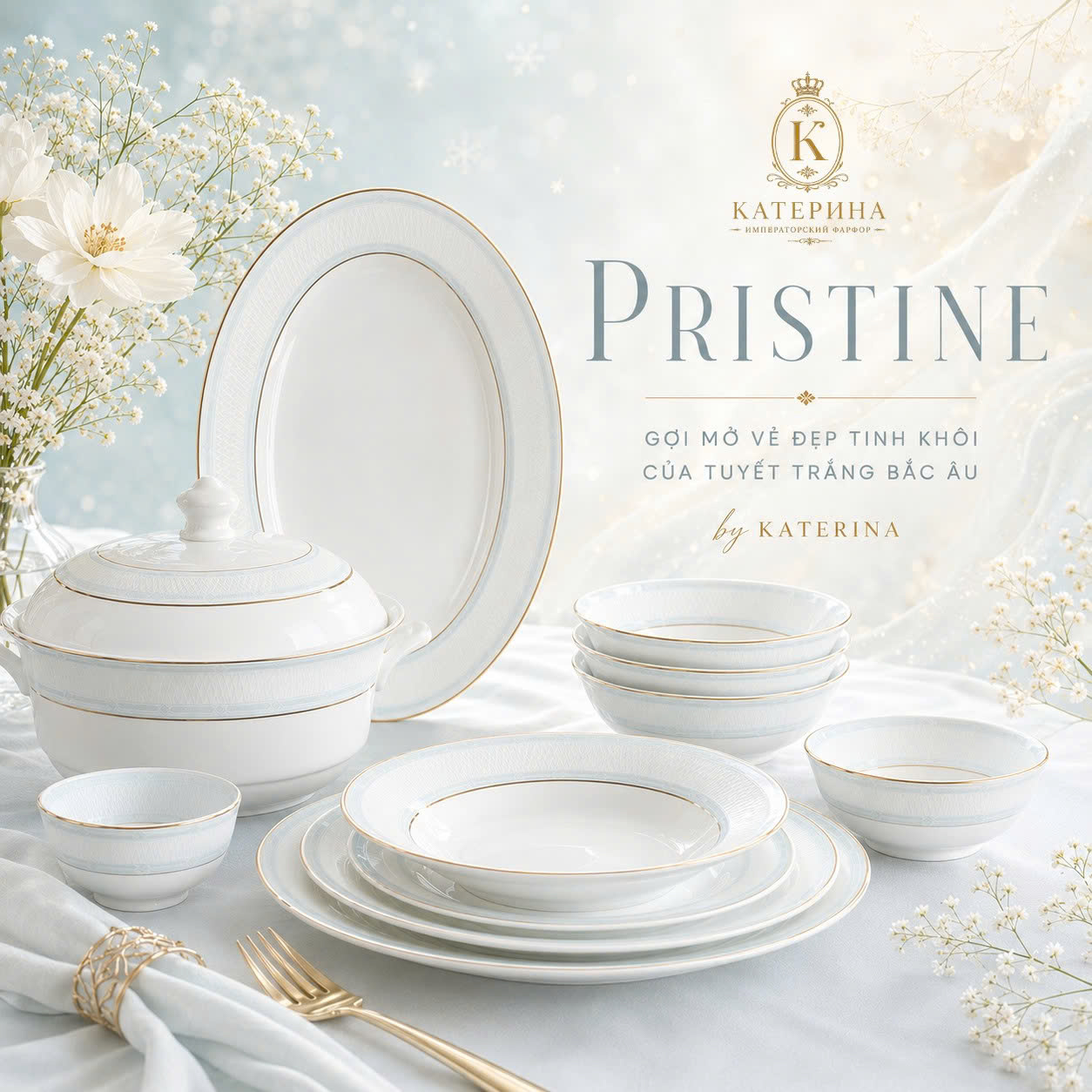 Bộ bát đĩa ăn Катерина Pristine cho 6 người | Sứ xương cao cấp | Set quà tặng cao cấp | PRISTINE COLLECTION