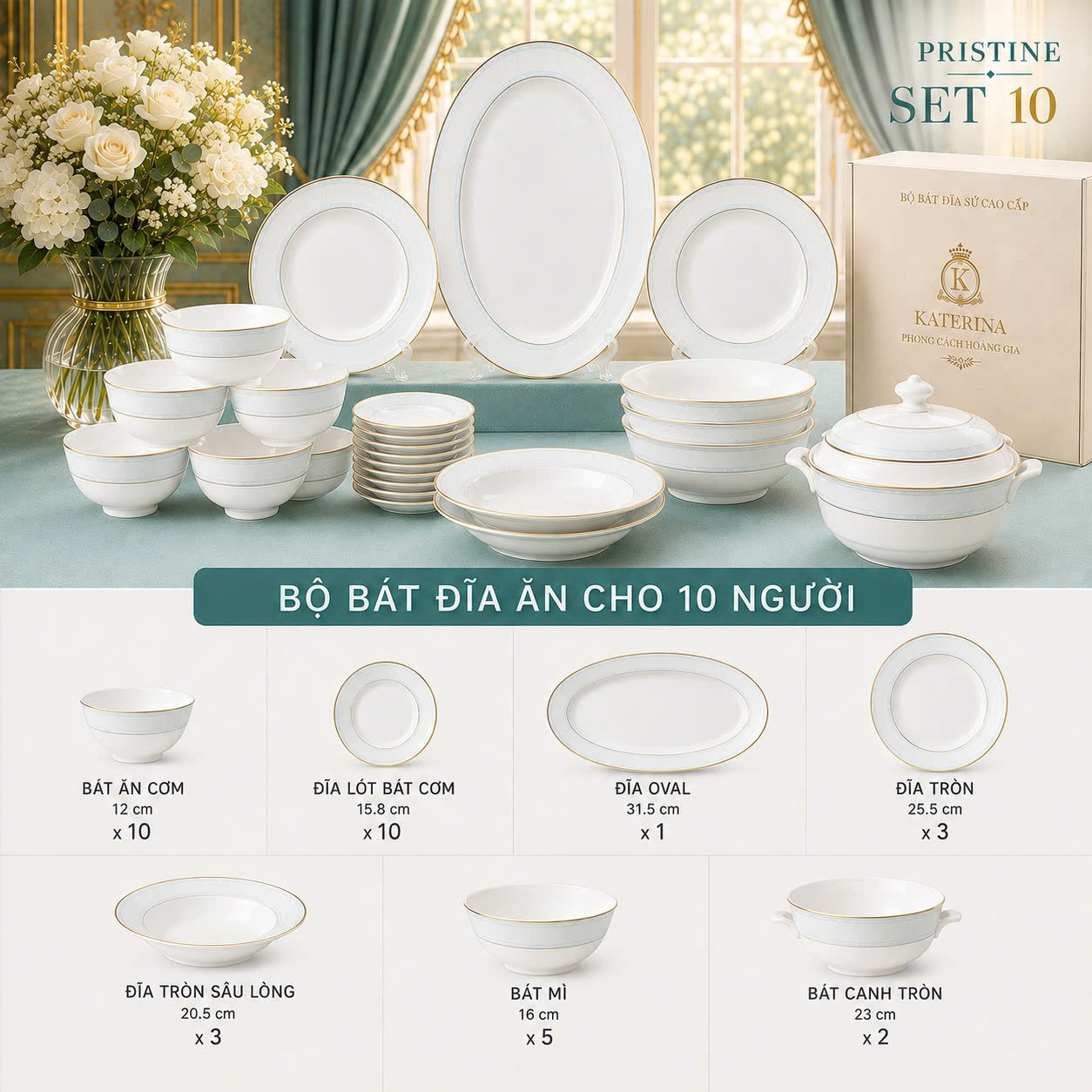 Bộ bát đĩa ăn Катерина Pristine cho 10 người | Sứ xương cao cấp | Set quà tặng cao cấp | PRISTINE COLLECTION