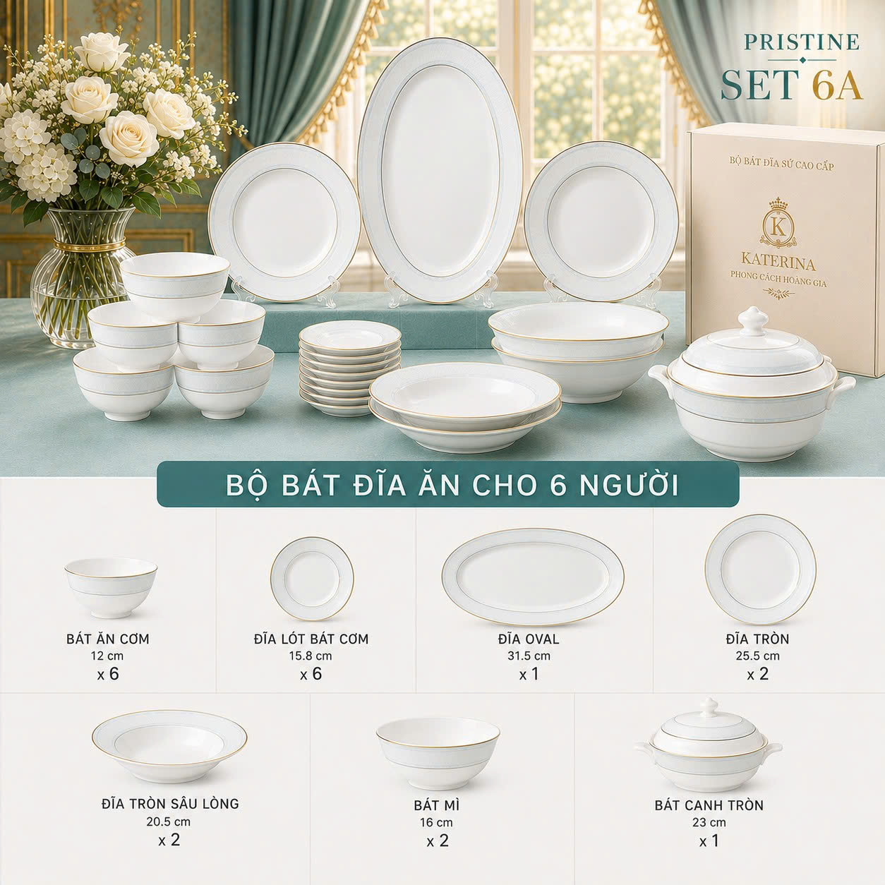 Bộ bát đĩa ăn Катерина Pristine cho 6 người | Sứ xương cao cấp | Set quà tặng cao cấp | PRISTINE COLLECTION