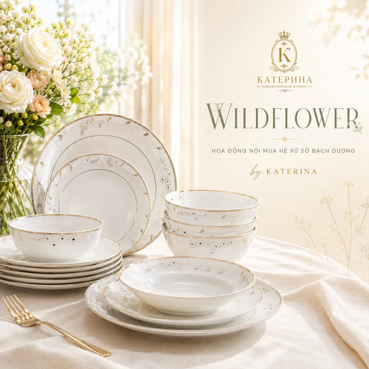 Bộ bát đĩa ăn Катерина Wildflower cho 10 người | Sứ xương cao cấp | WILDFLOWER COLLECTION
