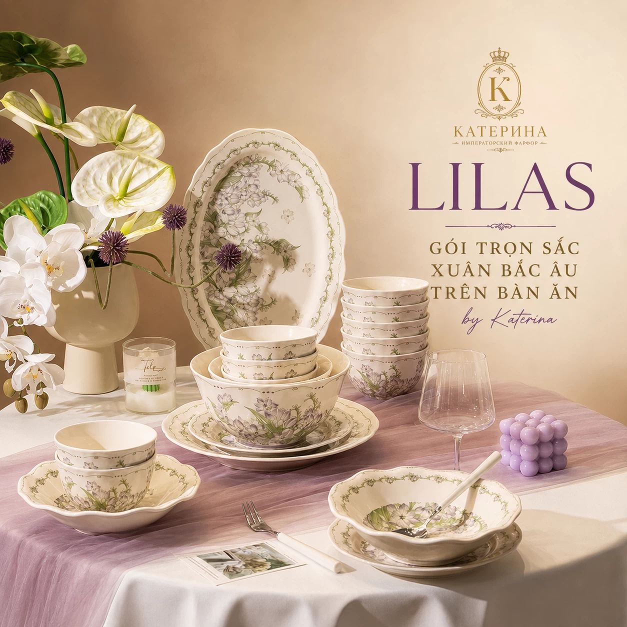 Bộ bát đĩa ăn Катерина Lilas cho 10 người | Sứ cường lực cao cấp | LILAS COLLECTION