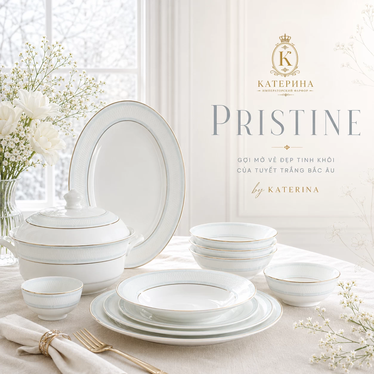 Bộ bát đĩa ăn Катерина Pristine cho 10 người | Sứ xương cao cấp | Set quà tặng cao cấp | PRISTINE COLLECTION