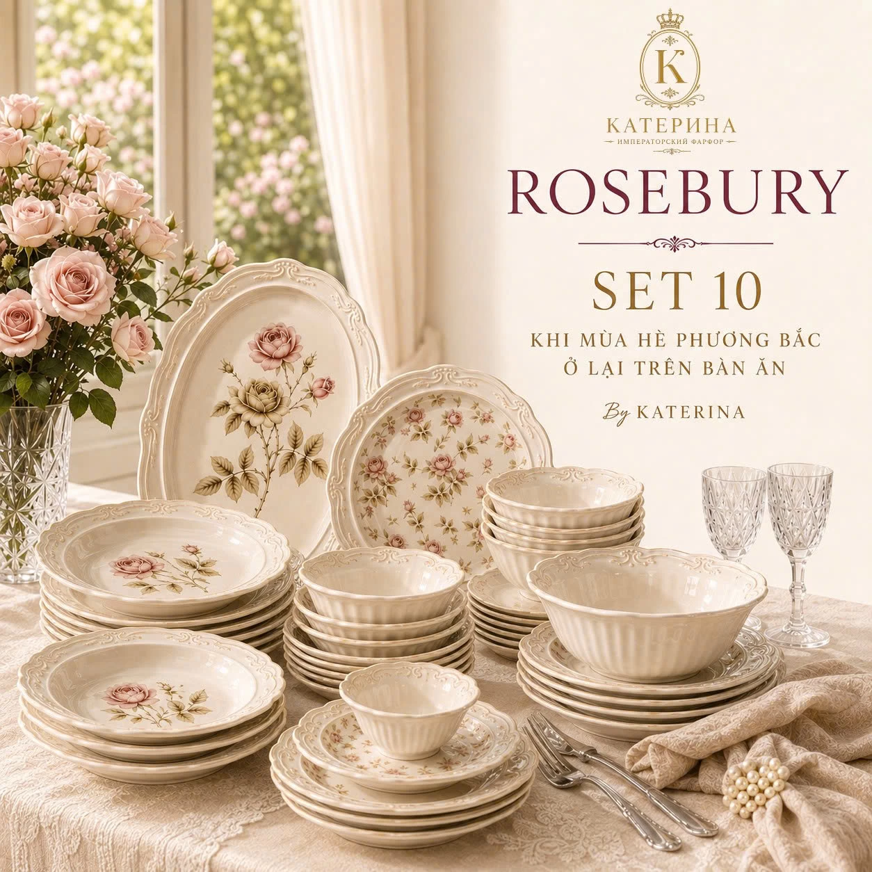 Bộ bát đĩa ăn Катерина Rosebury cho 10 người | Sứ cường lực cao cấp | Set quà tặng cao cấp | ROSEBURY  COLLECTION