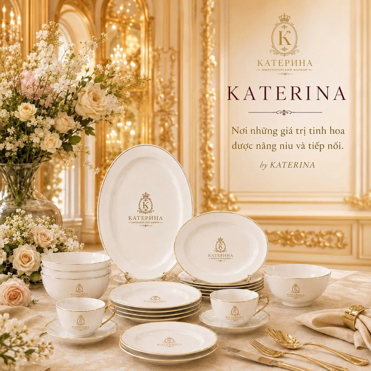 Bộ bát đĩa cao cấp cho 6 người Катерина | Sứ xương cao cấp | Set quà tặng cao cấp | Катерина COLLECTION
