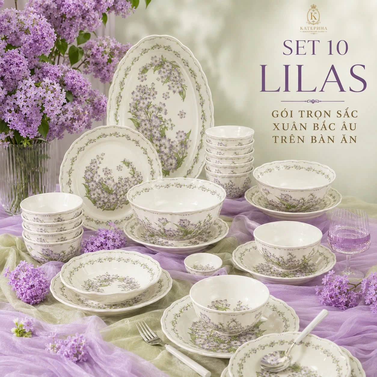Bộ bát đĩa ăn Катерина Lilas cho 10 người | Sứ cường lực cao cấp | LILAS COLLECTION
